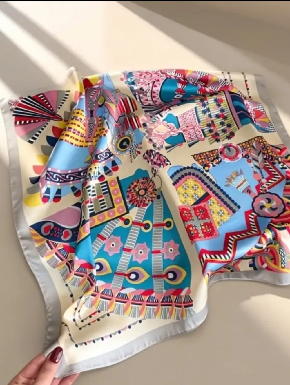 Colorful Geometric & Floral Silk Scarf in Aqua and Cream